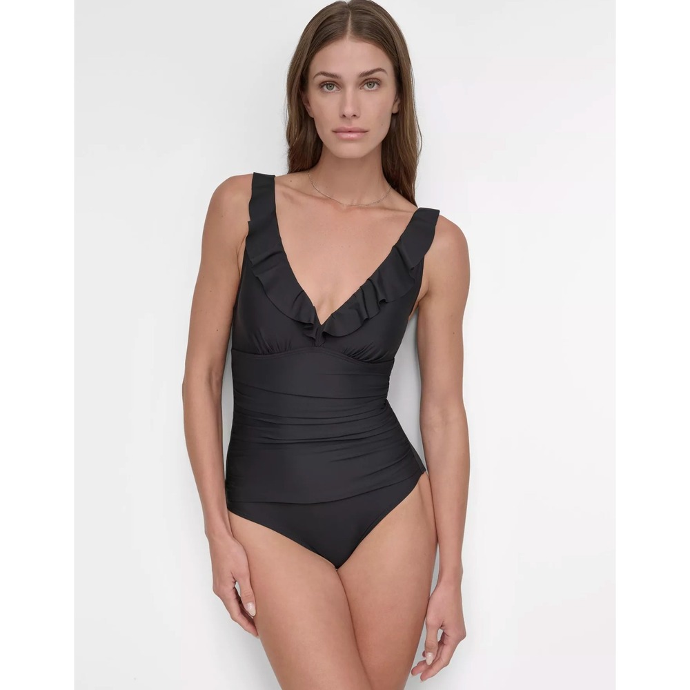 DKNY One Piece Swimsuit Small Black Ruffle Ruched V-Neck Swimwear
